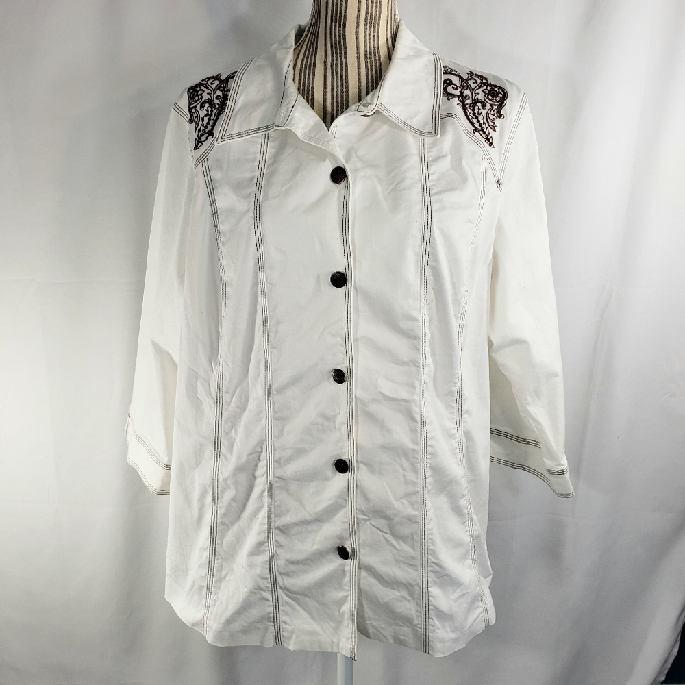 Susan Graver White Blouse with Brown Embroidered Shoulders